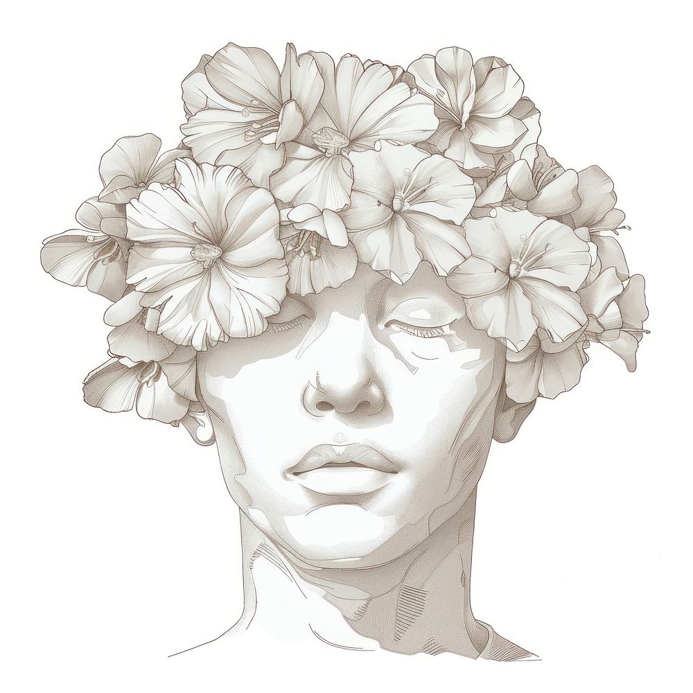 White flowers on head of sculpture illustrated photography portrait.