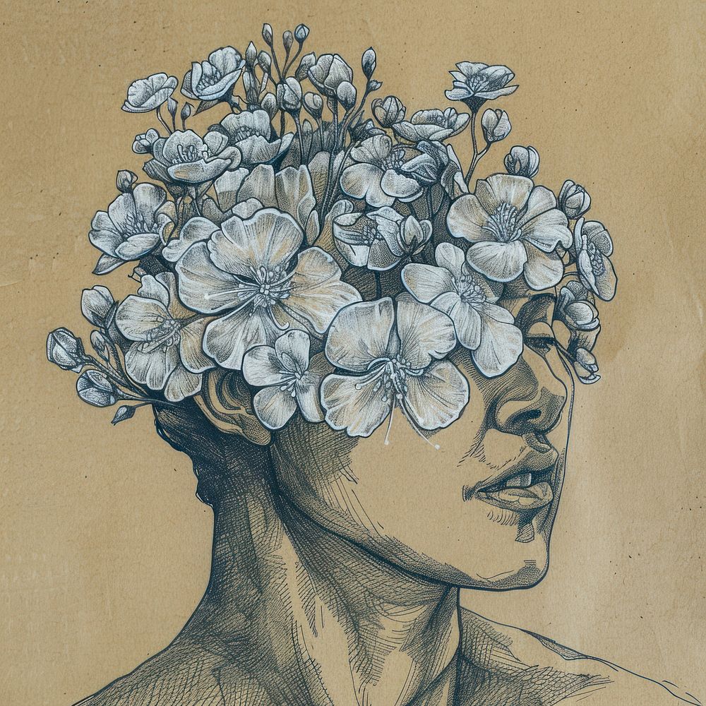 White flowers on head of sculpture illustrated painting drawing.