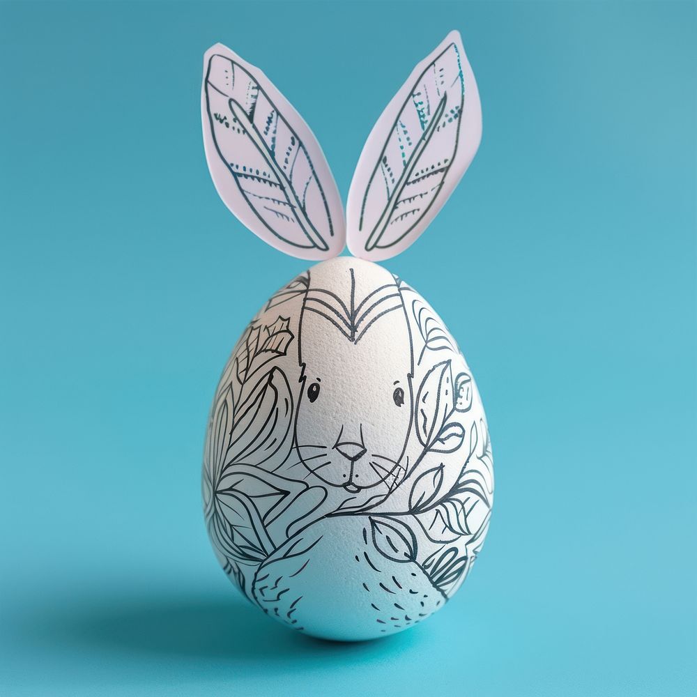 Easter egg with ears of rabbit drawing cricket sports food.