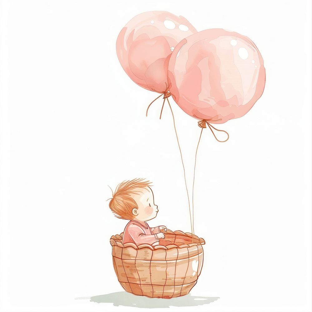 Baby sits in balloon basket person human.