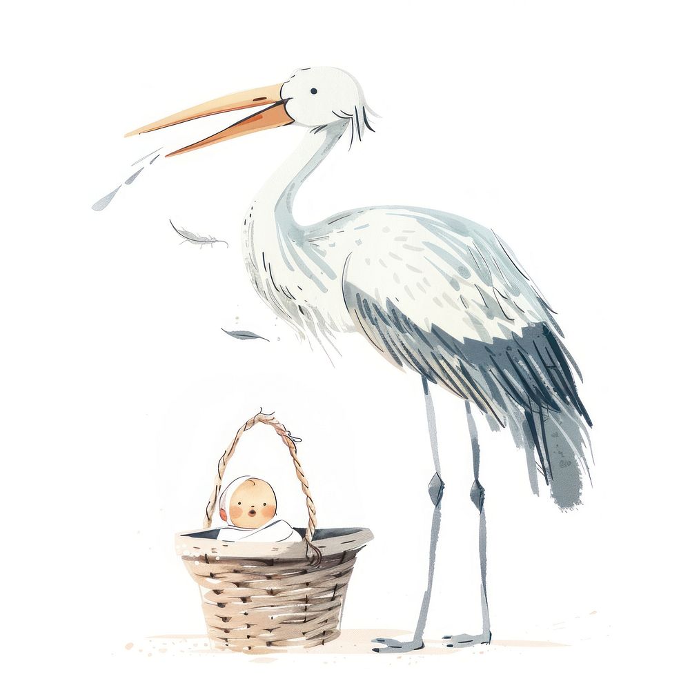 Basket with a baby stork waterfowl animal.