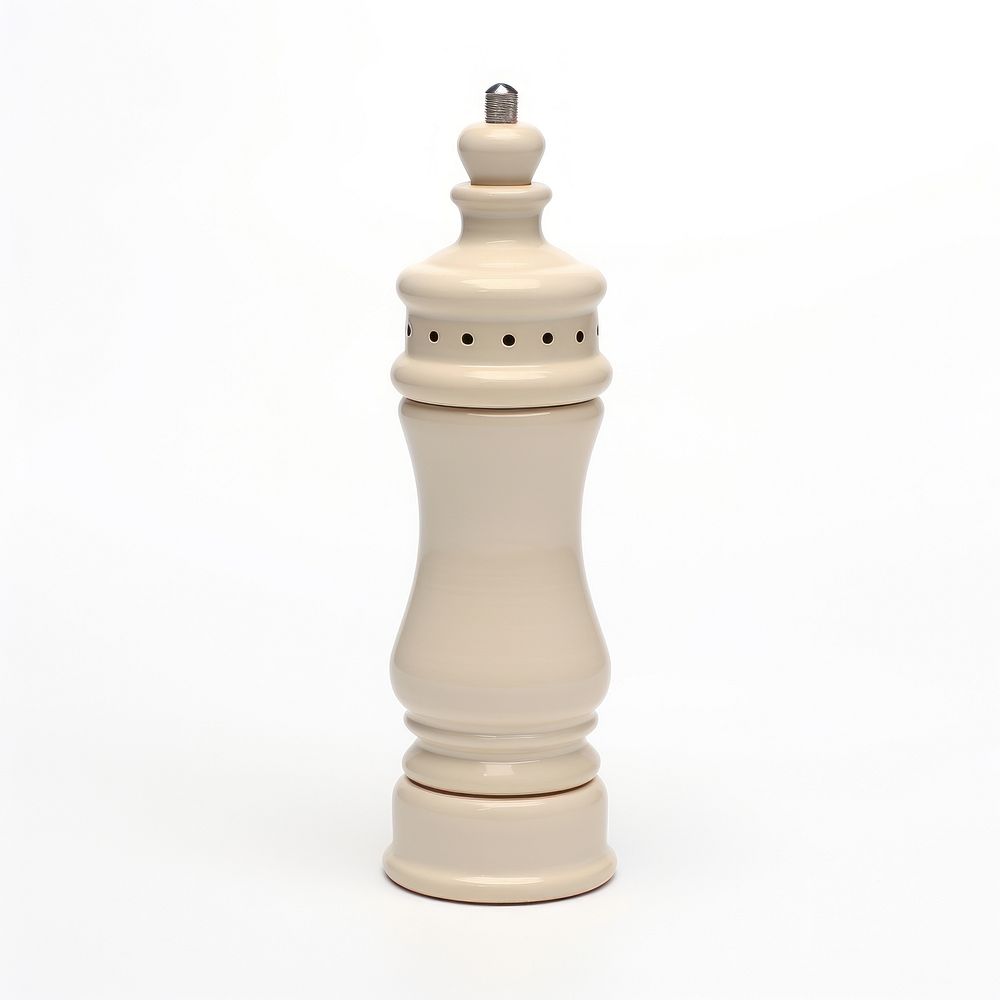 A beige ceramic pepper mill chess white background chessboard.