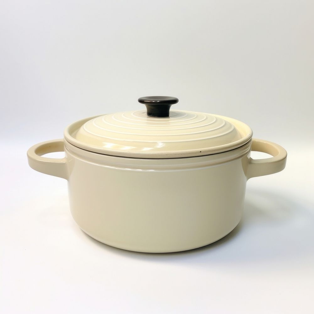 A beige retro soup pot with glass lid cookware white background appliance.