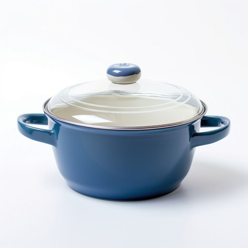 A blue retro soup pot with glass lid cookware white background appliance.