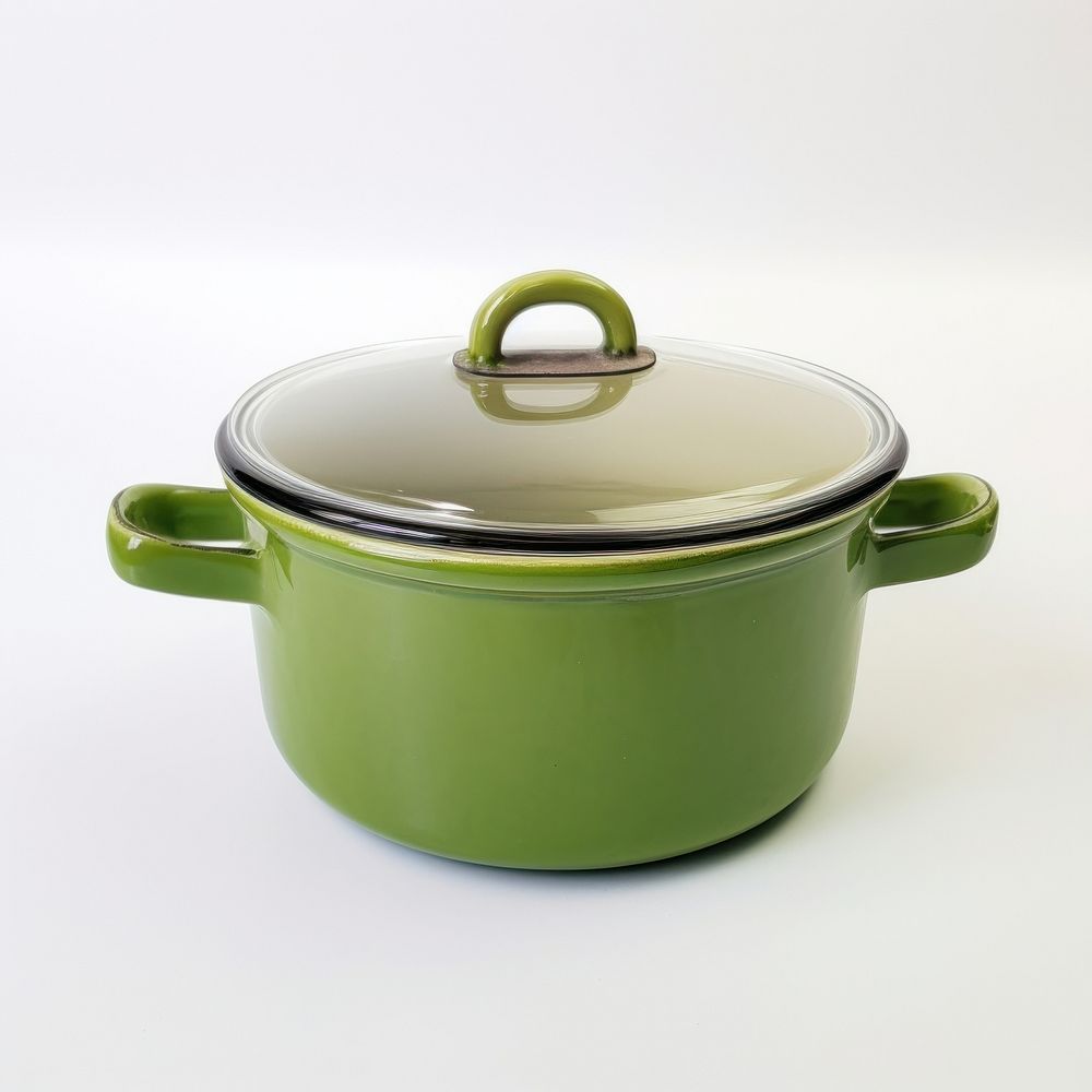 A green retro soup pot with glass lid appliance cookware white background.