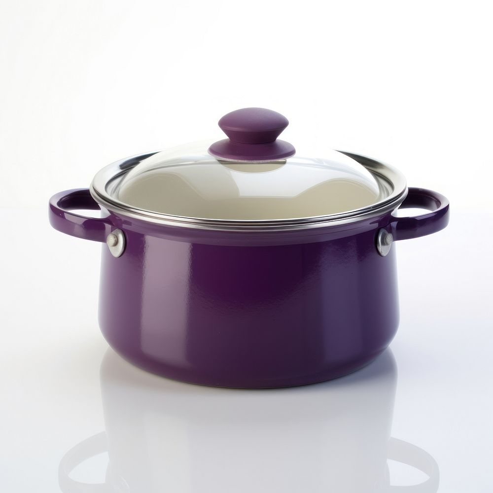 A purple retro soup pot with glass lid cookware white background appliance.