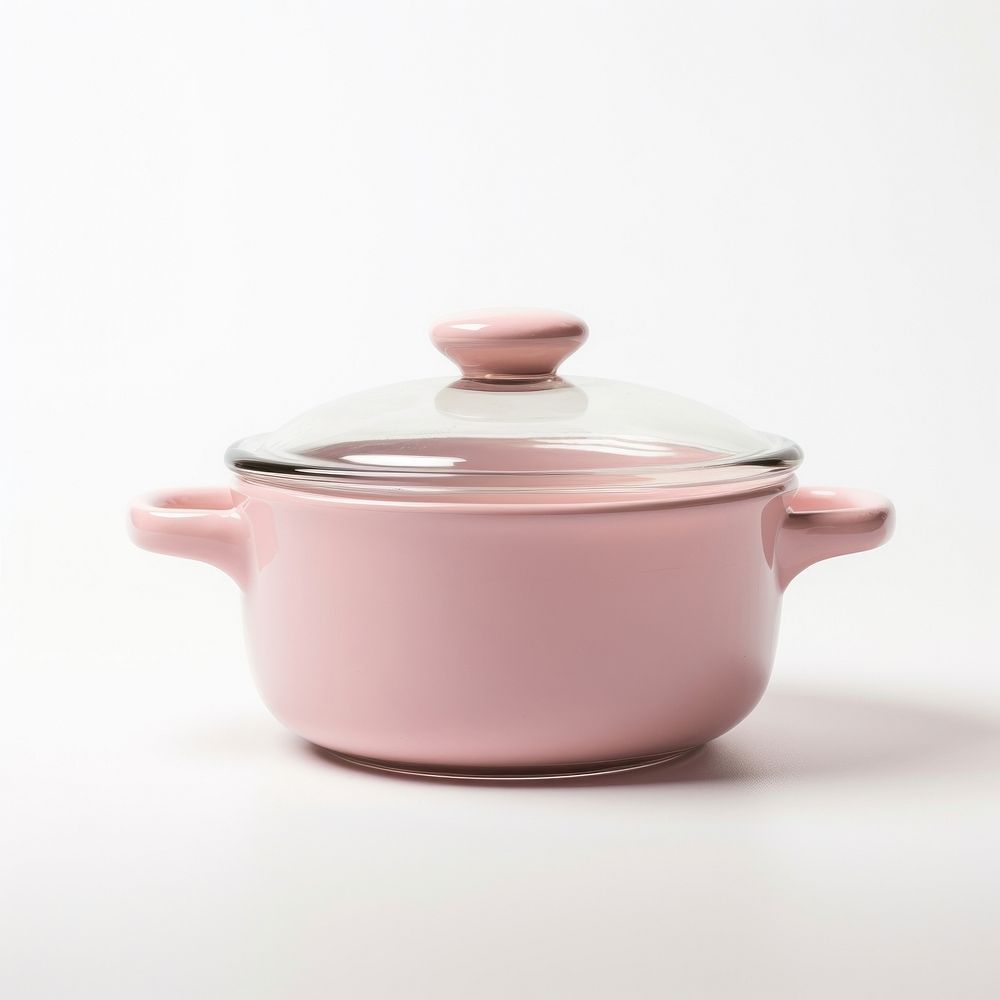 A pink retro soup pot with glass lid cookware white background ceramic.