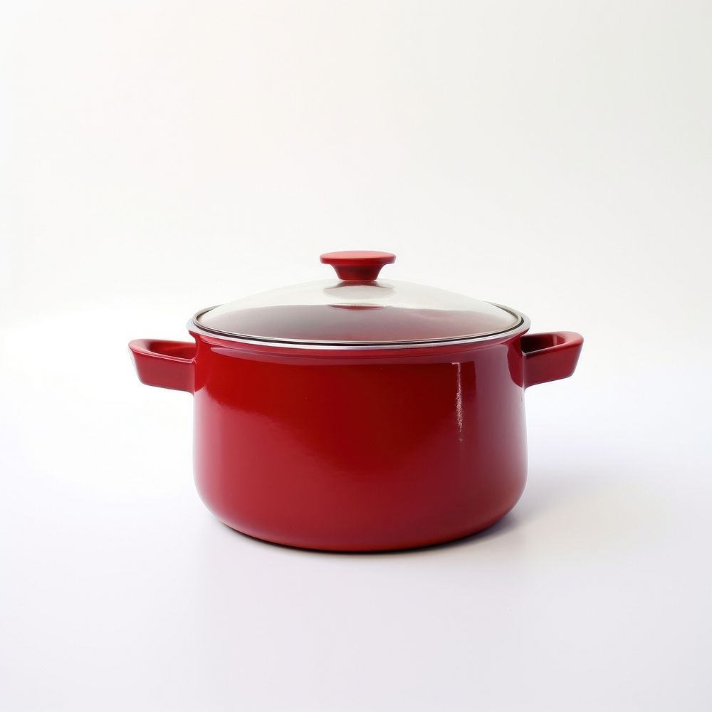 A red retro soup pot with glass lid cookware white background appliance.