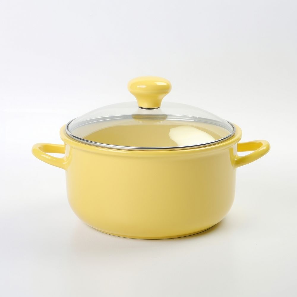 A yellow retro soup pot with glass lid cookware white background appliance.