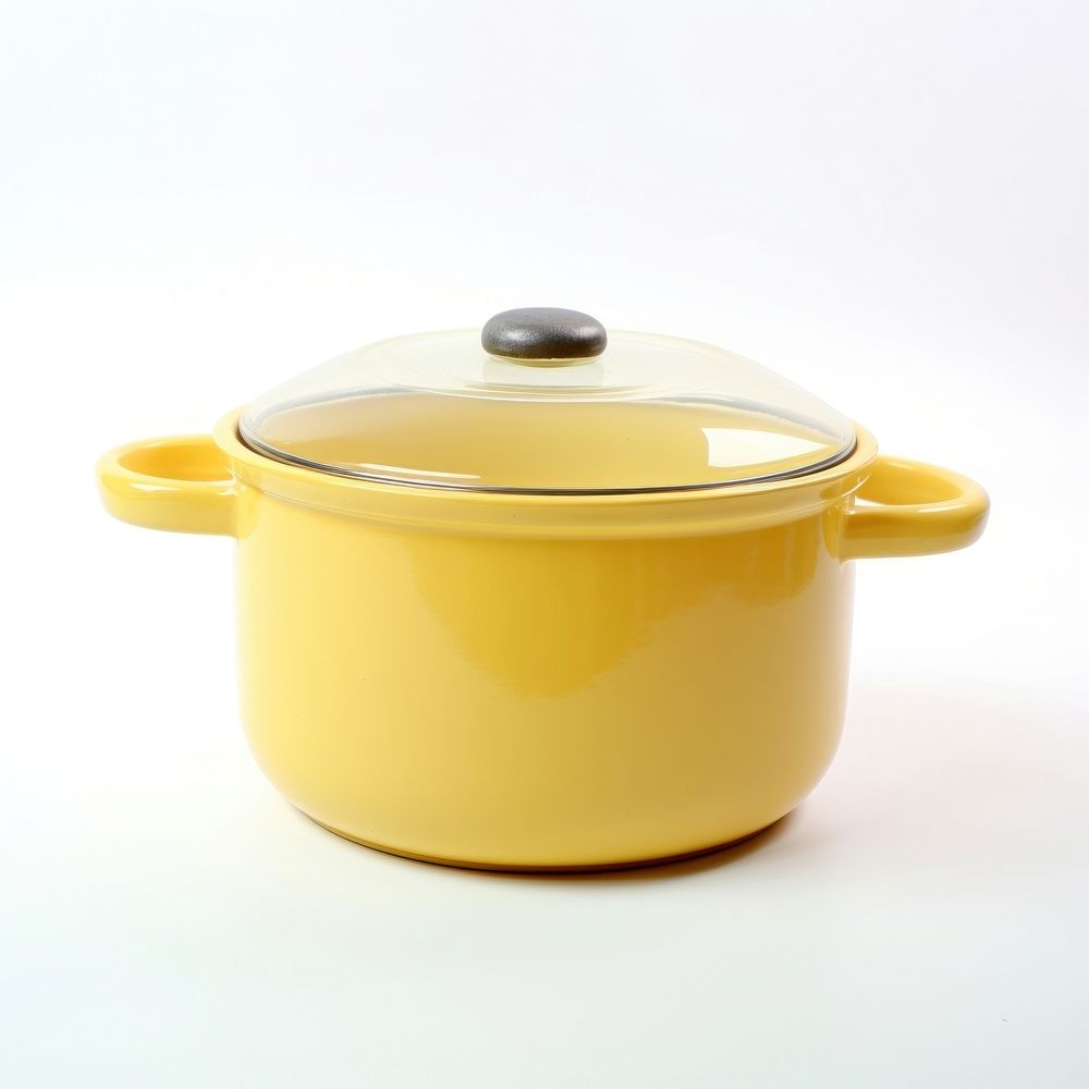 A yellow retro soup pot with glass lid cookware white background appliance.