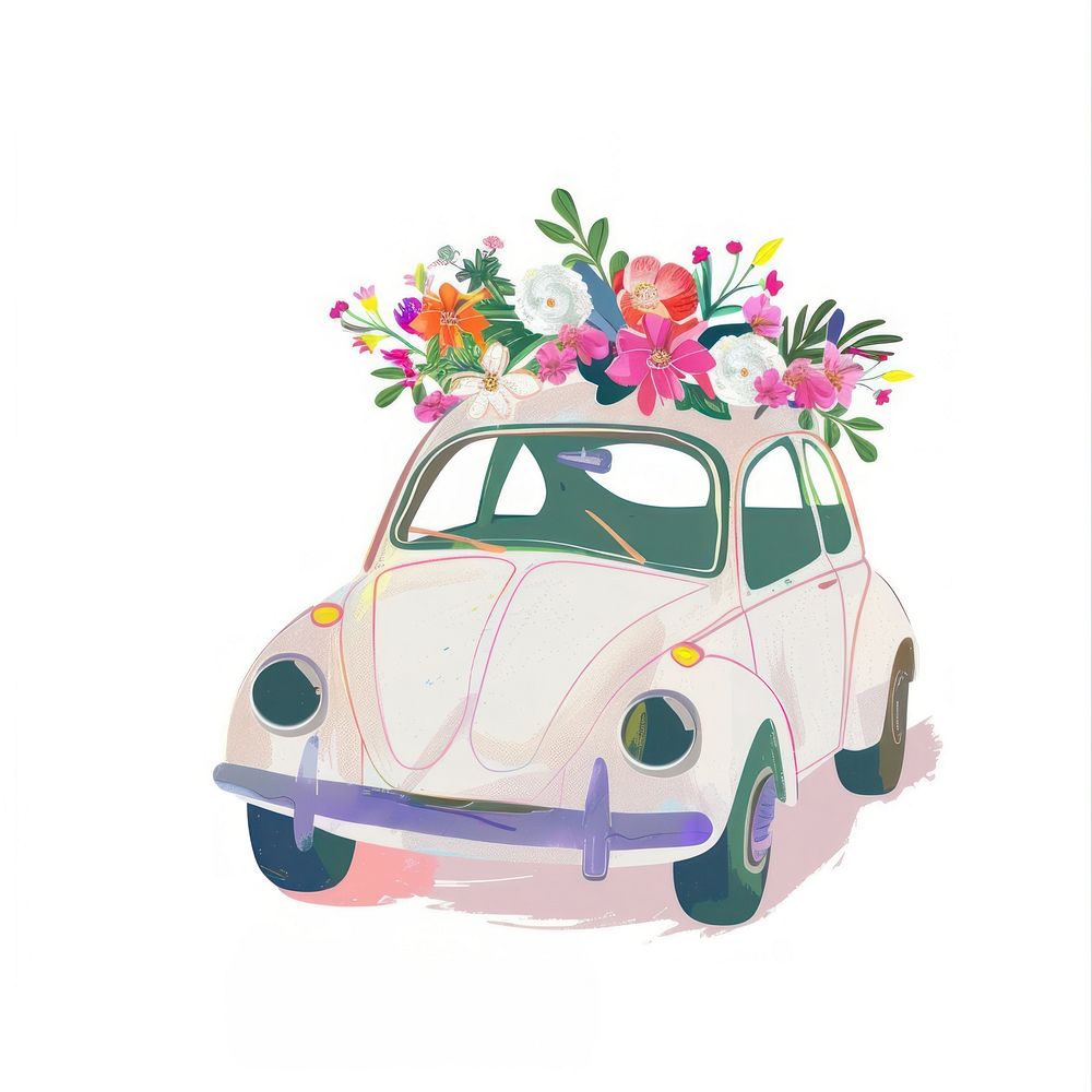 Wedding car flower transportation illustrated.