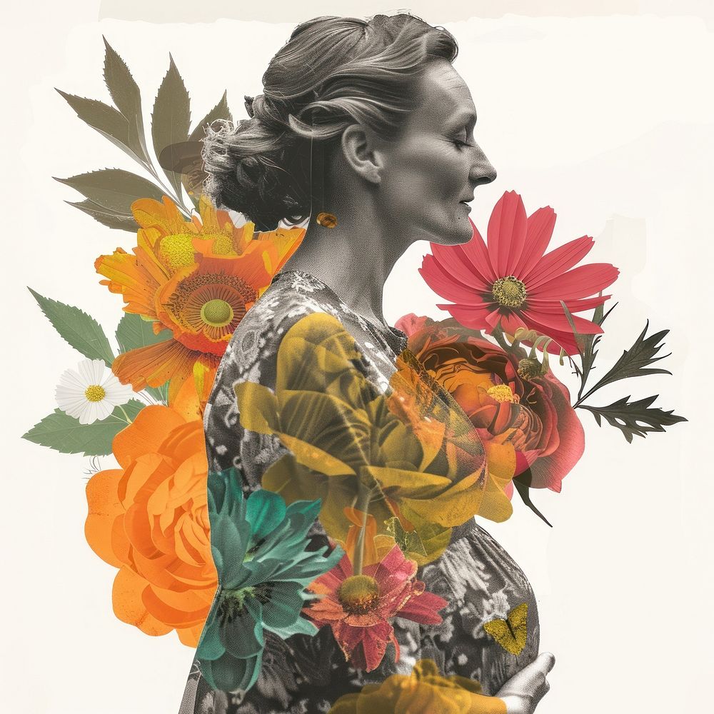 Paper collage of pregnant flower photo art.