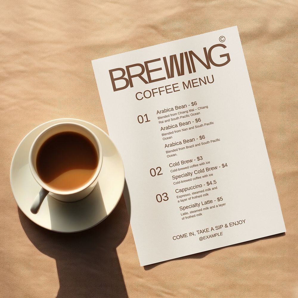 Coffee cup by menu card