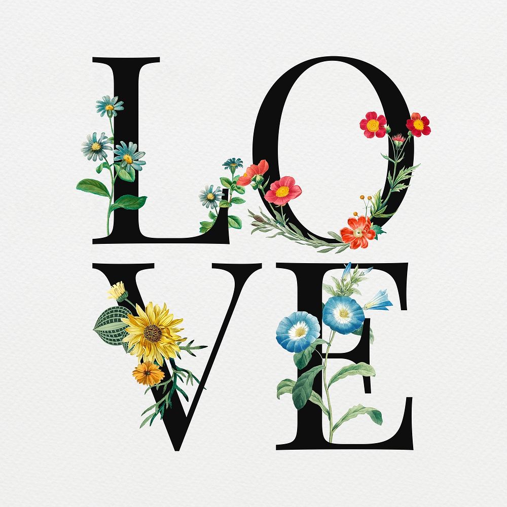Love word in floral digital art illustration