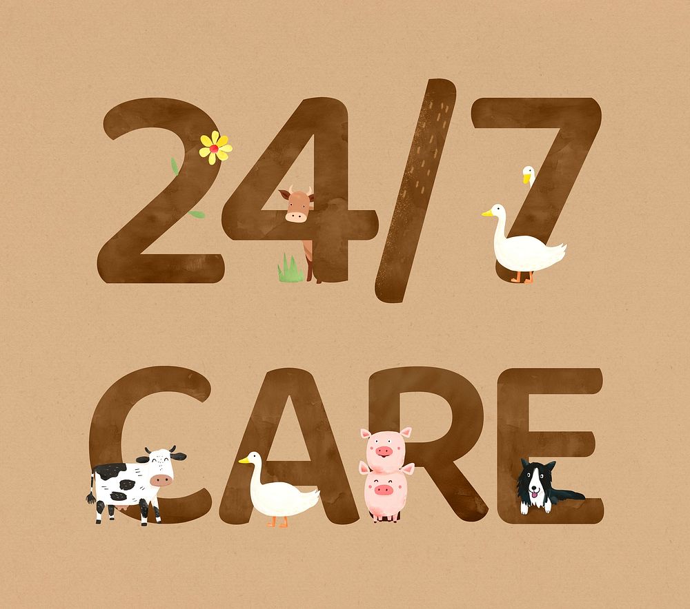 24/7 care word in brown alphabet illustration