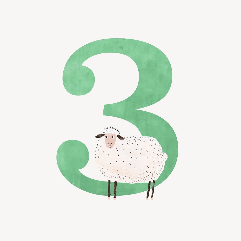 Number 3, cute animal character illustration