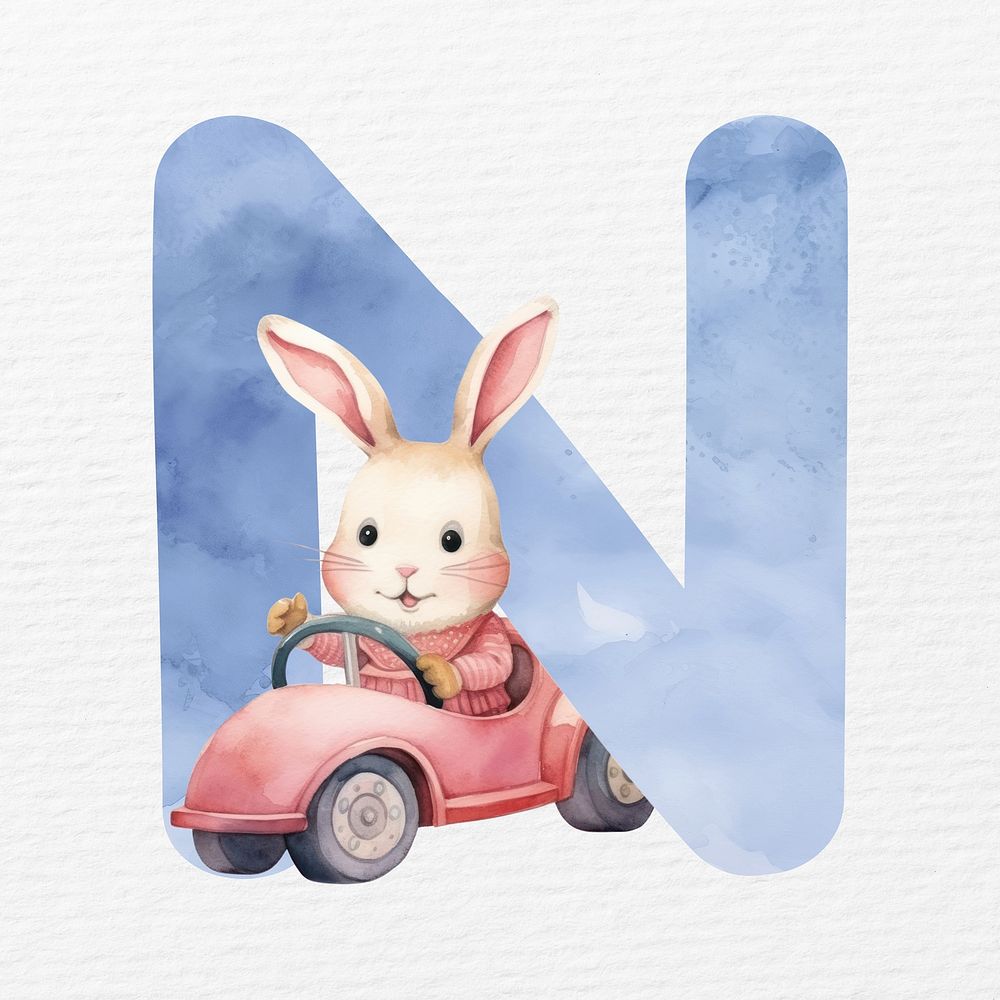 Letter N in blue watercolor alphabet illustration