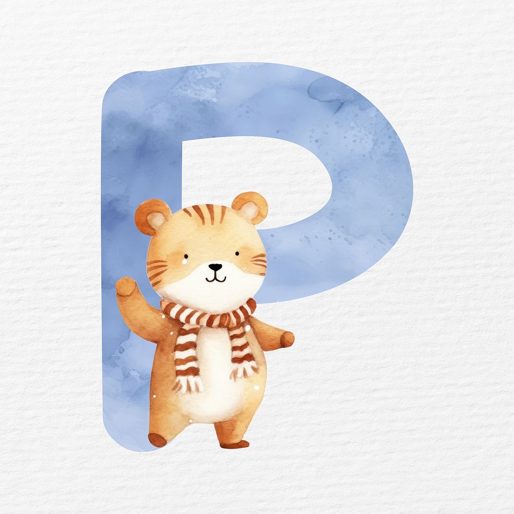Letter P in blue watercolor alphabet illustration