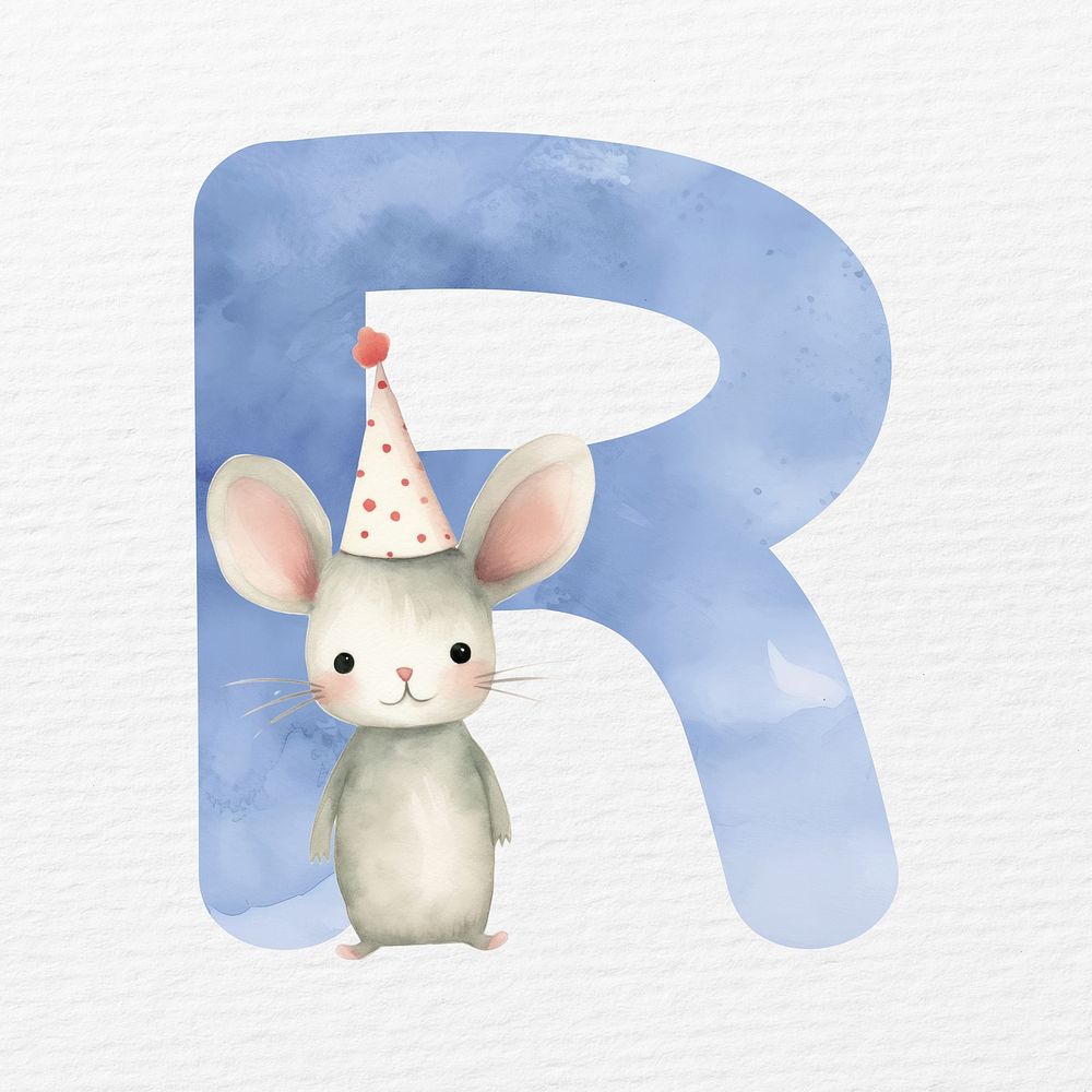 Letter R in blue watercolor alphabet illustration