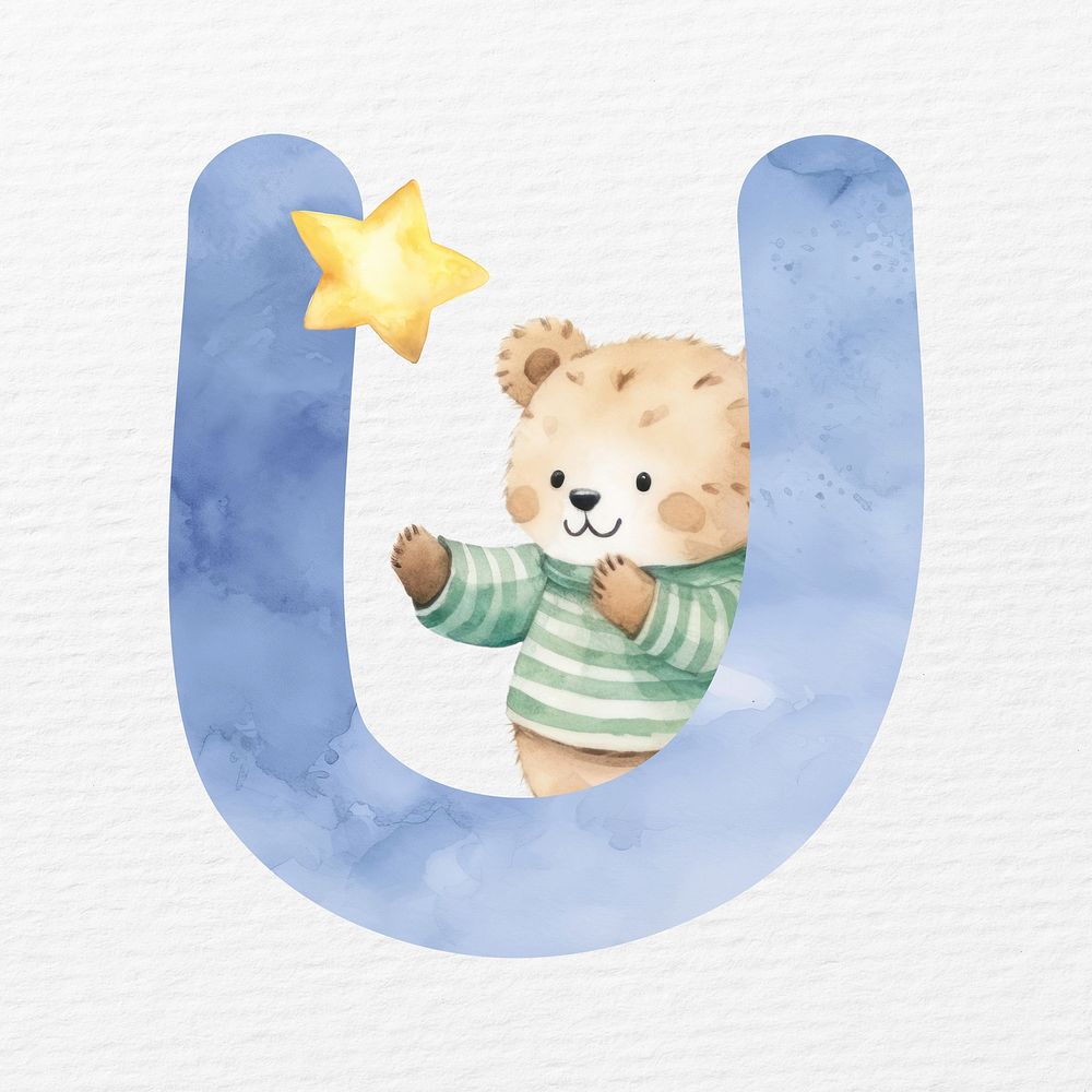 Letter U in blue watercolor alphabet illustration