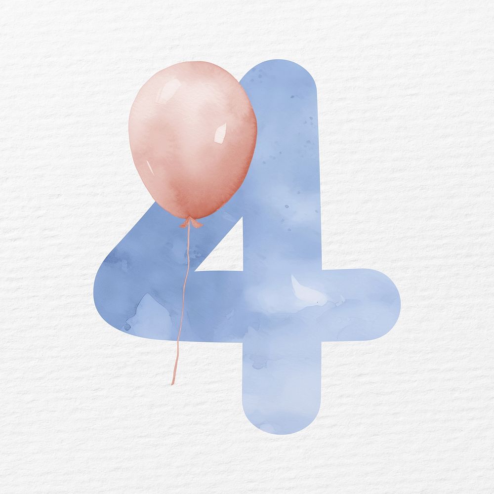 Number 4 in blue watercolor illustration