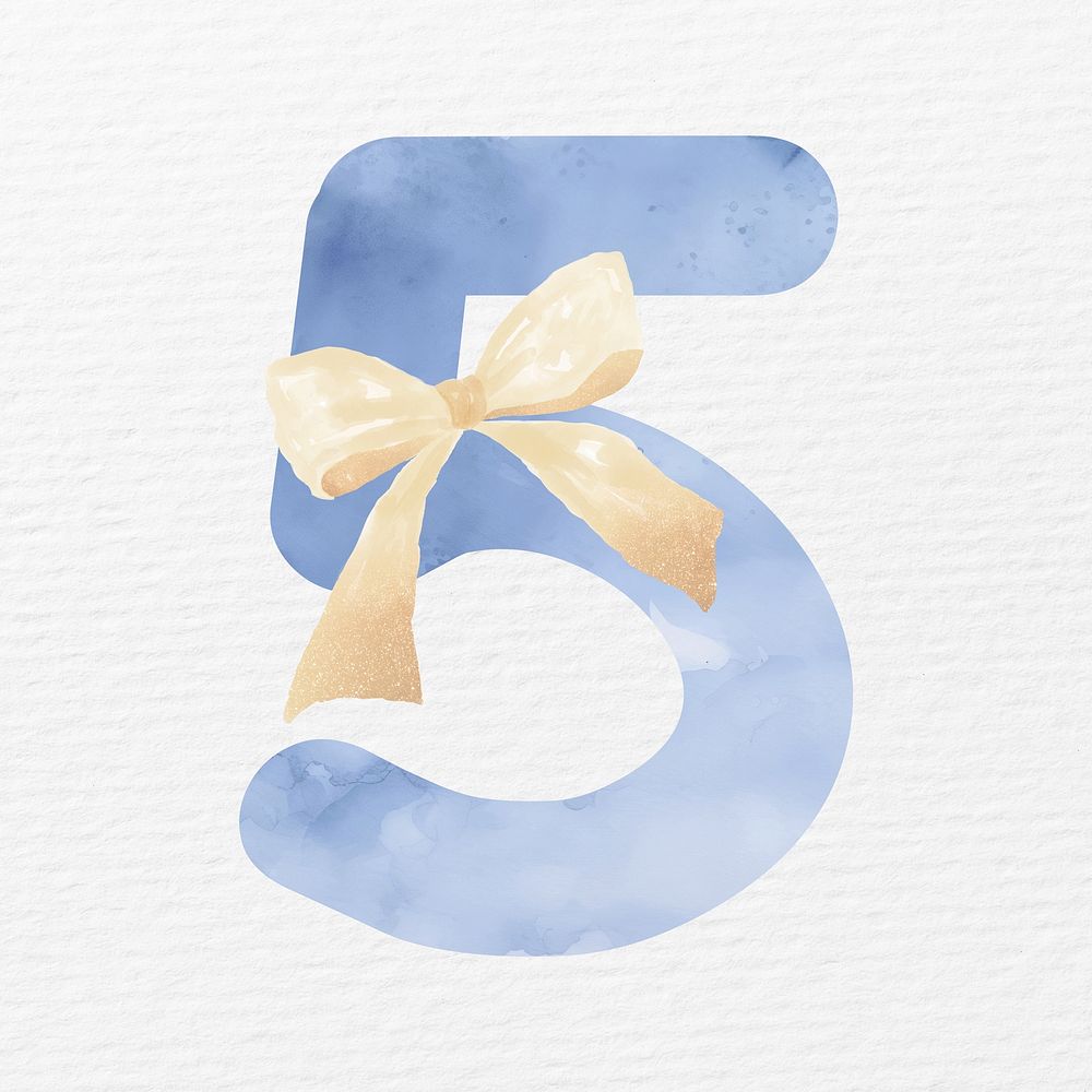 Number 5 in blue watercolor illustration