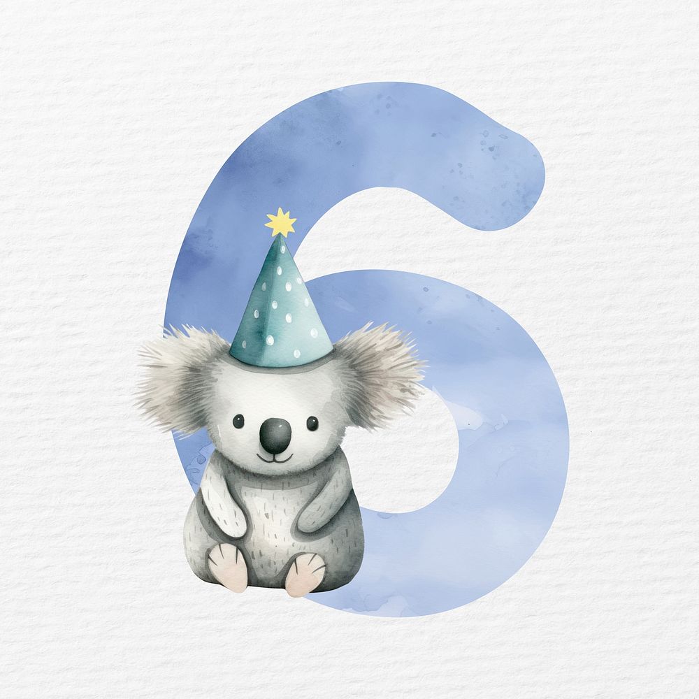 Number 6 in blue watercolor illustration