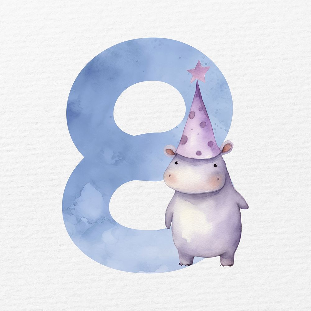Number eight in blue watercolor illustration