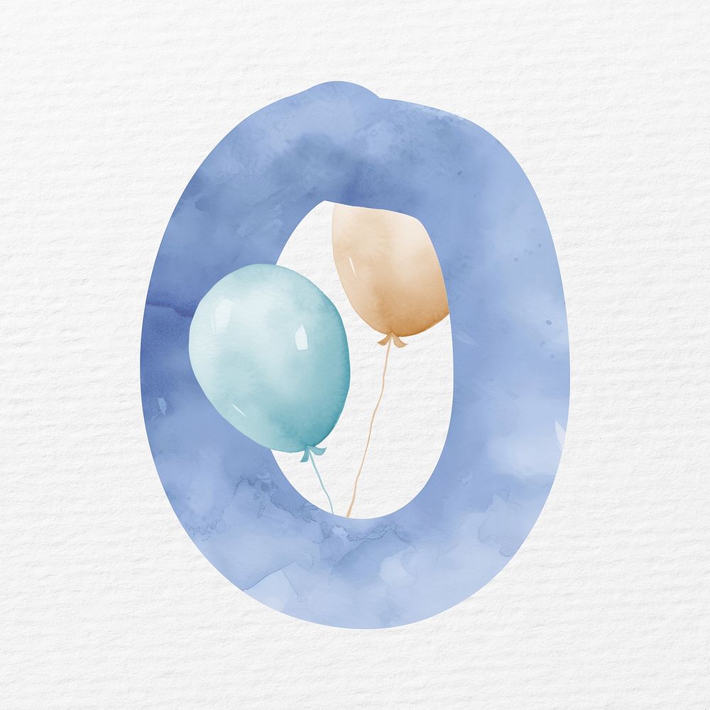 Number 0 in blue watercolor illustration