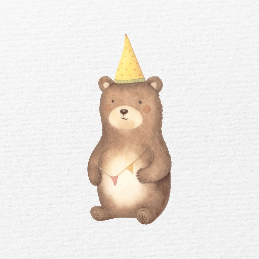 Bear  wearing party hat, watercolor animal character illustration