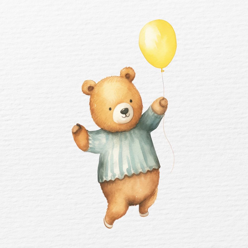 Bear with balloon watercolor animal character illustration