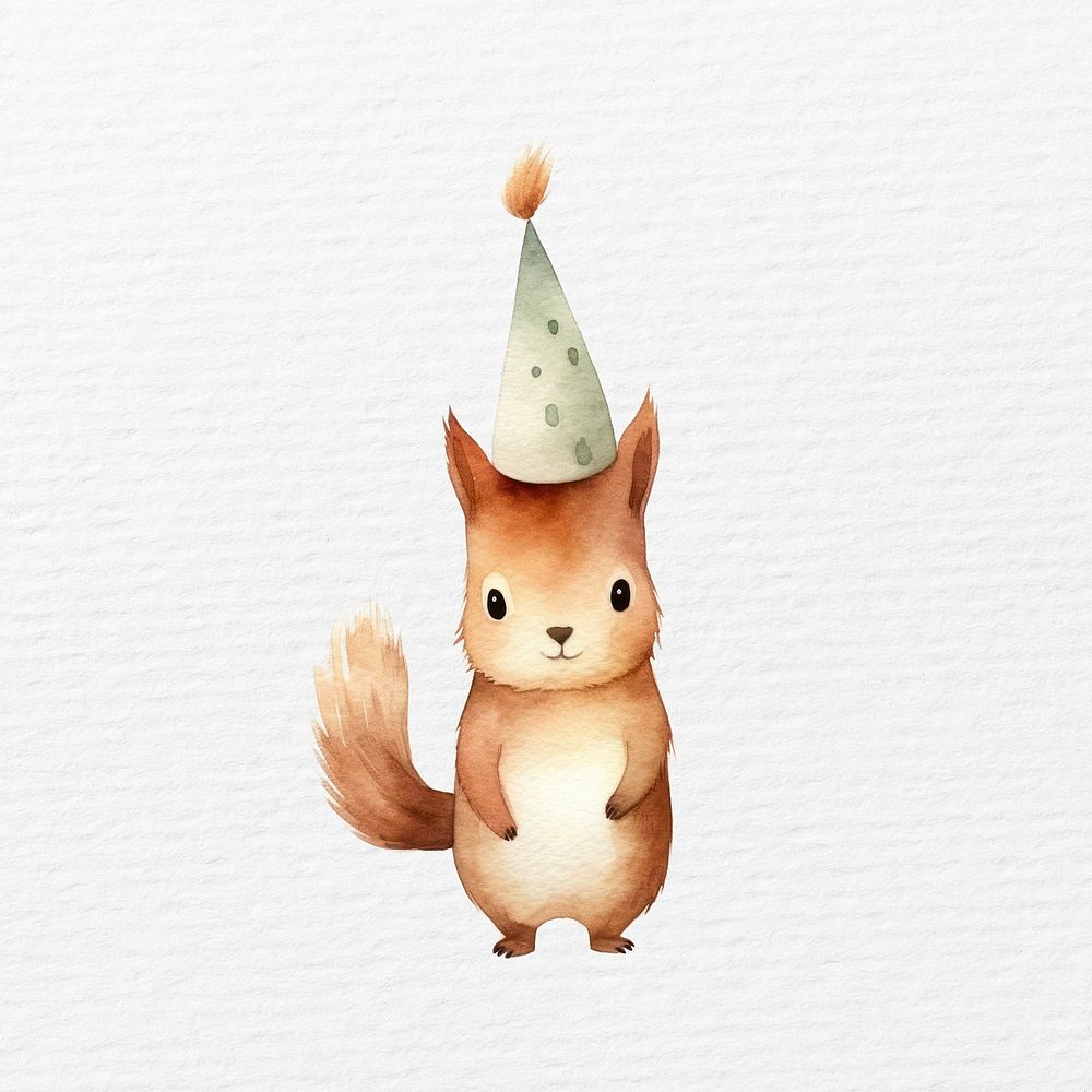 Squirrel  wearing party hat, watercolor animal character illustration