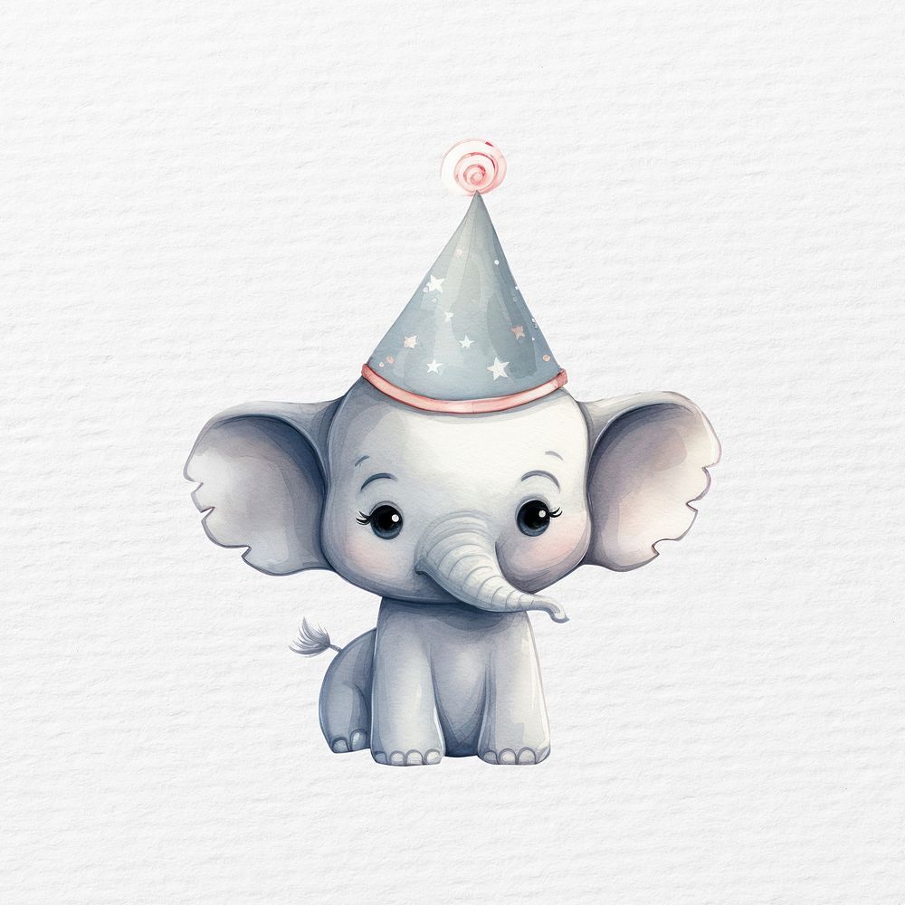 Elephant  wearing party hat, watercolor animal character illustration