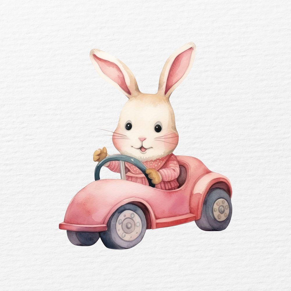 Rabbit driving car watercolor animal character illustration