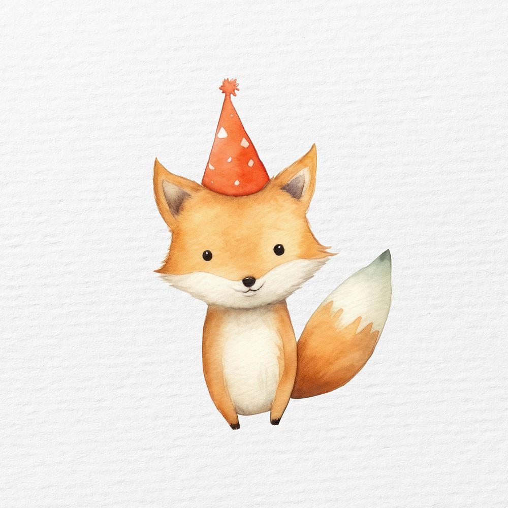 Fox  wearing party hat, watercolor animal character illustration