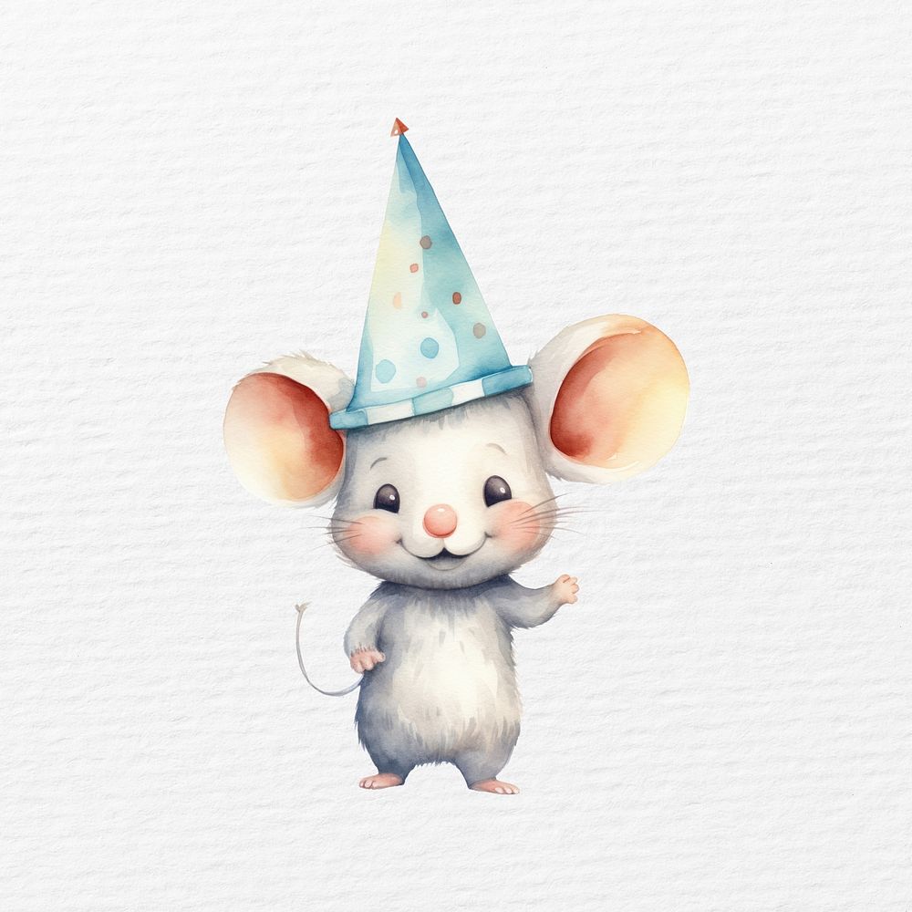Mouse  wearing party hat, watercolor animal character illustration