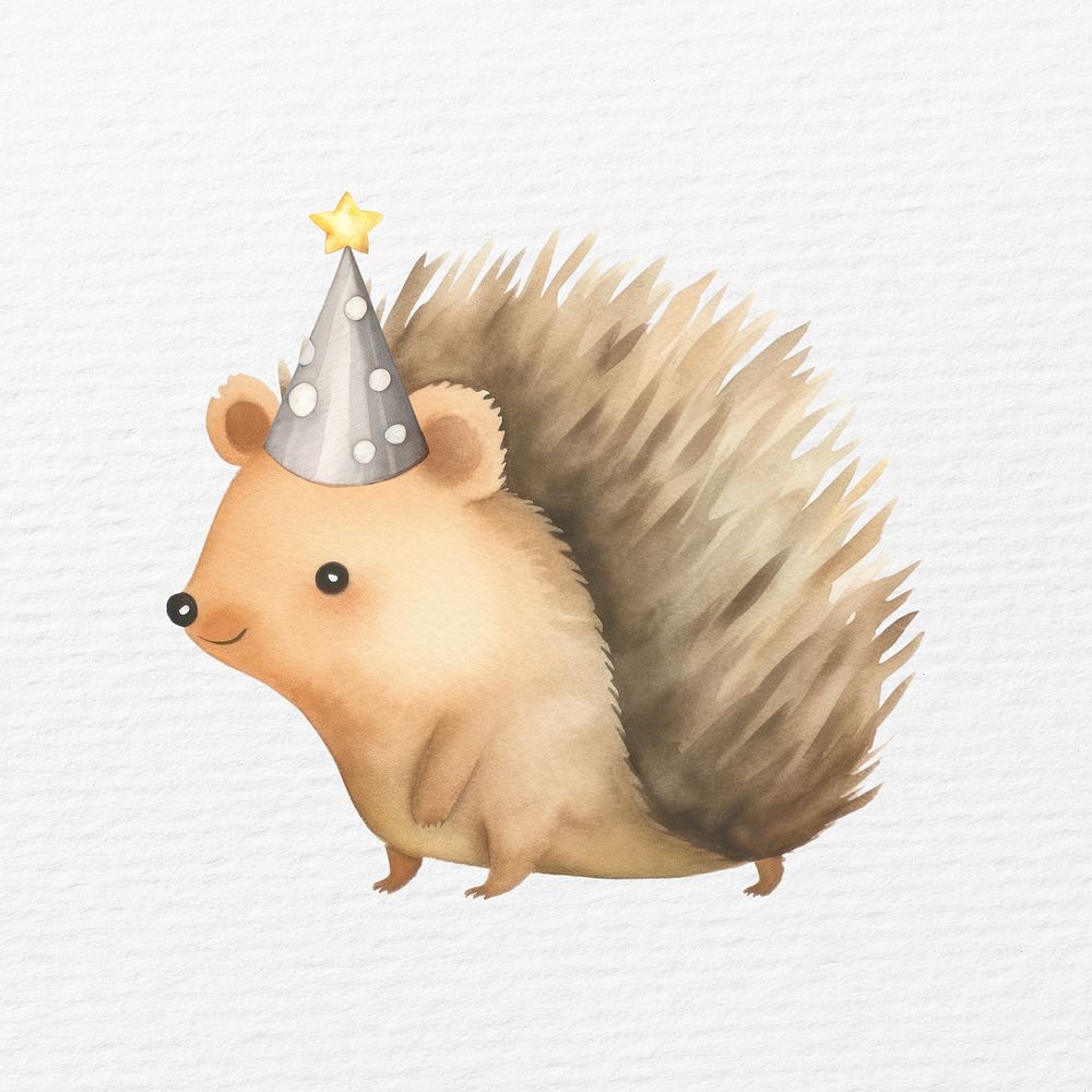 Hedgehog  wearing party hat, watercolor animal character illustration