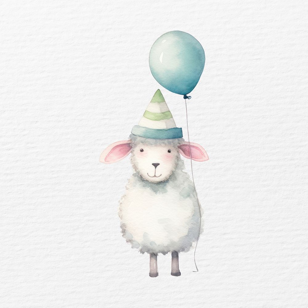 Sheep  wearing party hat, watercolor animal character illustration