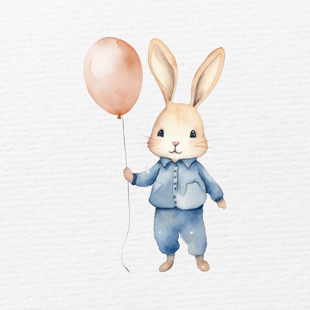 Rabbit with balloon watercolor animal character illustration