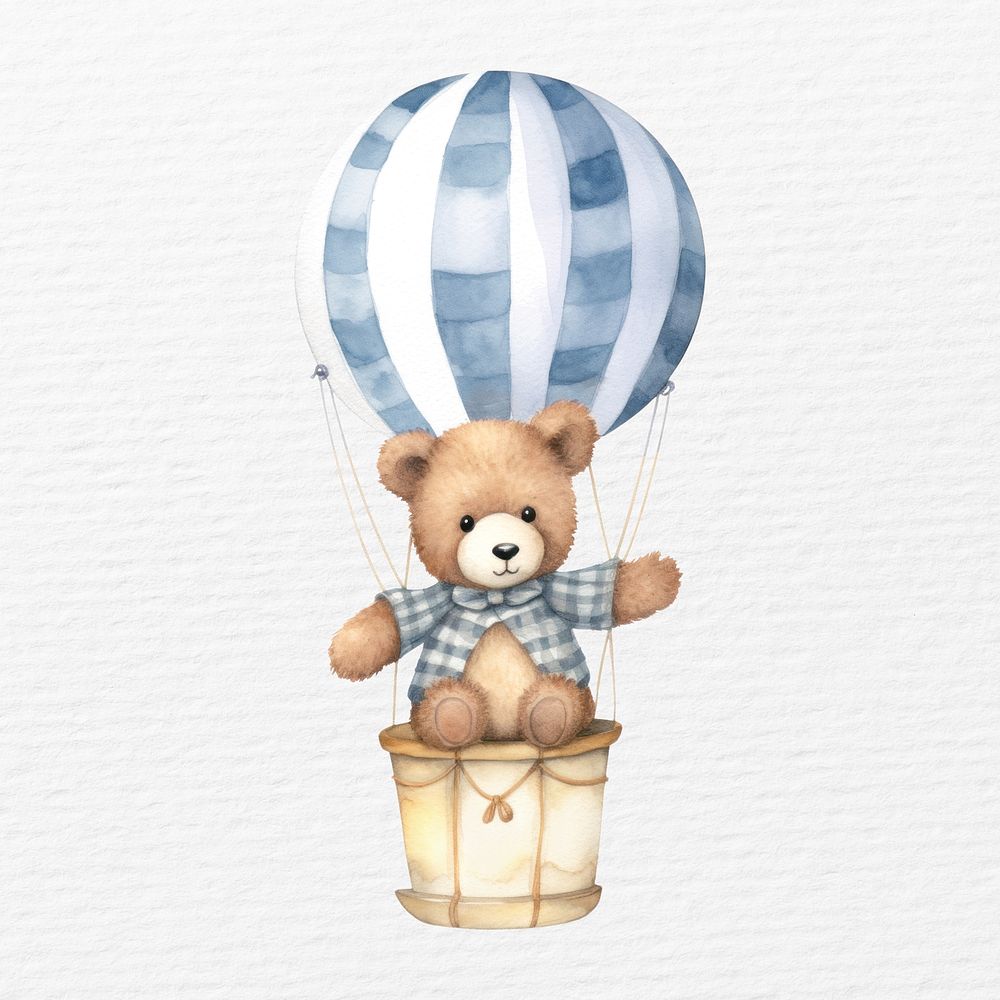 Bear on hot air balloon watercolor animal character illustration