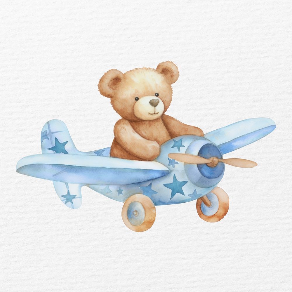 Flying bear on plane watercolor animal character illustration