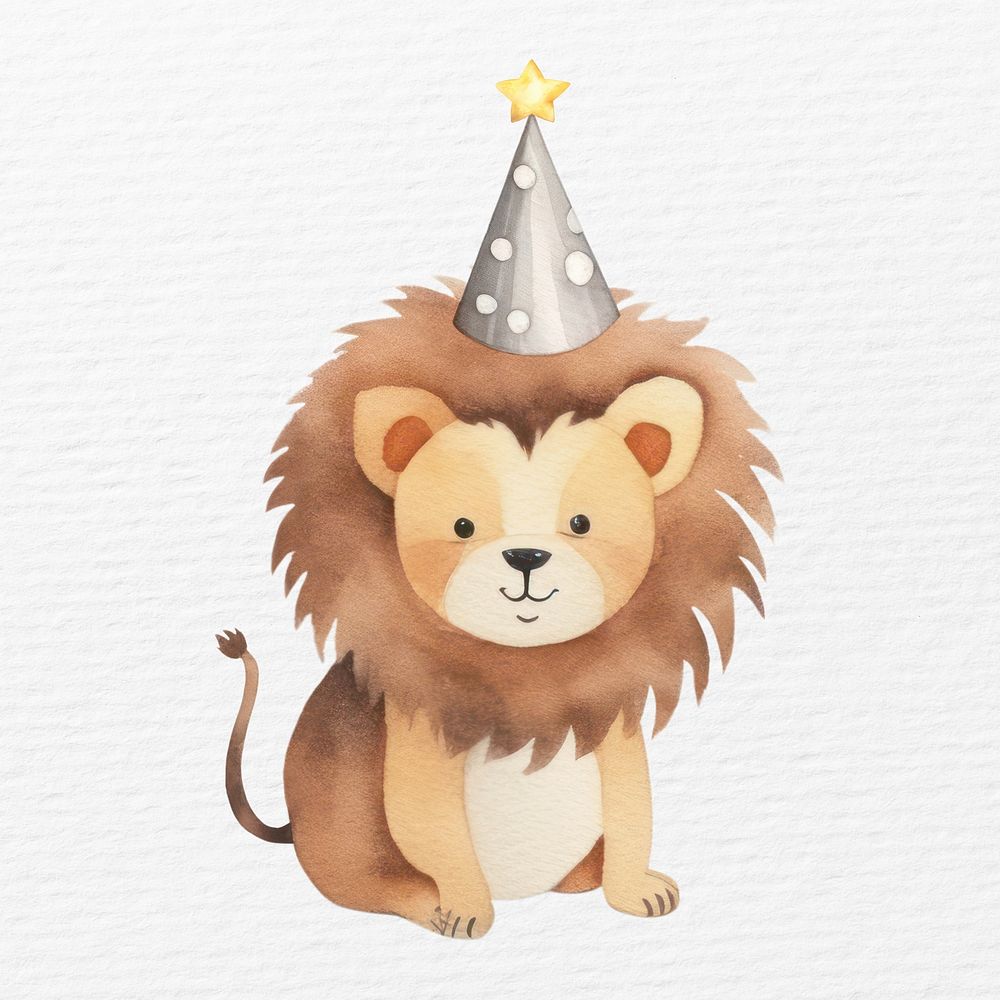 Lion  wearing party hat, watercolor animal character illustration