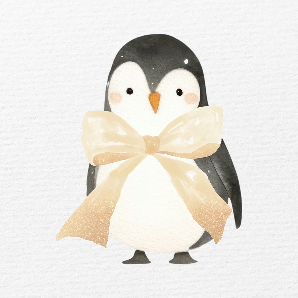 Penguin with brown bow watercolor animal character illustration