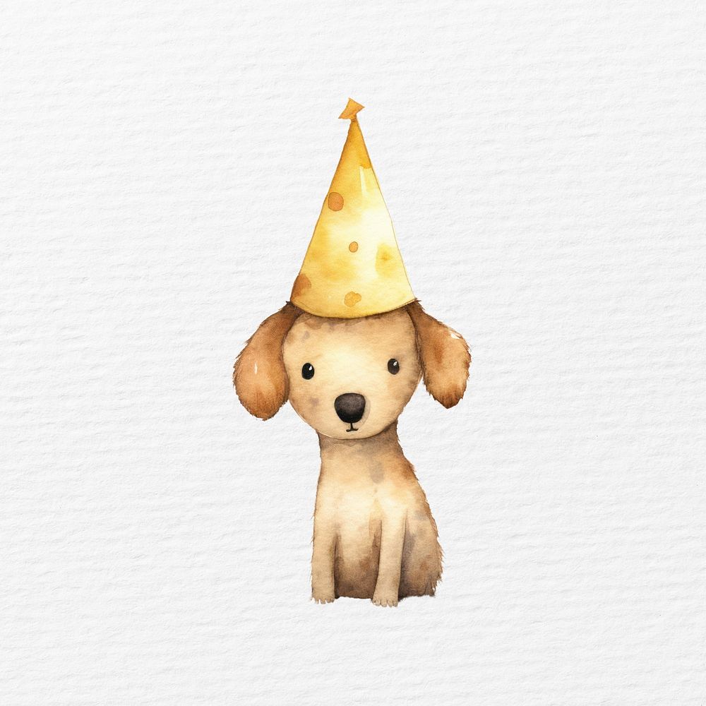 Dog  wearing party hat, watercolor animal character illustration