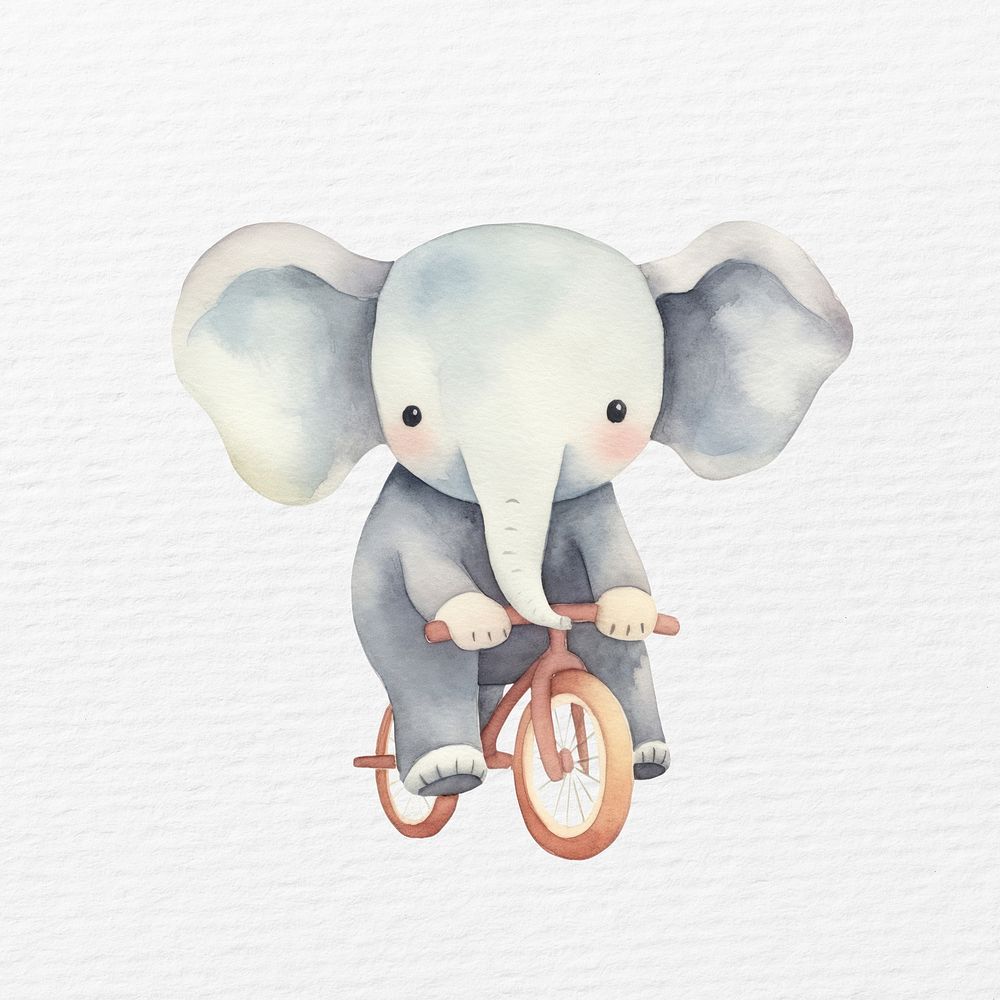Elephant riding bicycle watercolor animal character illustration