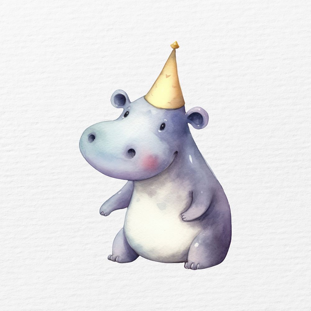 Hippopotamus  wearing party hat, watercolor animal character illustration