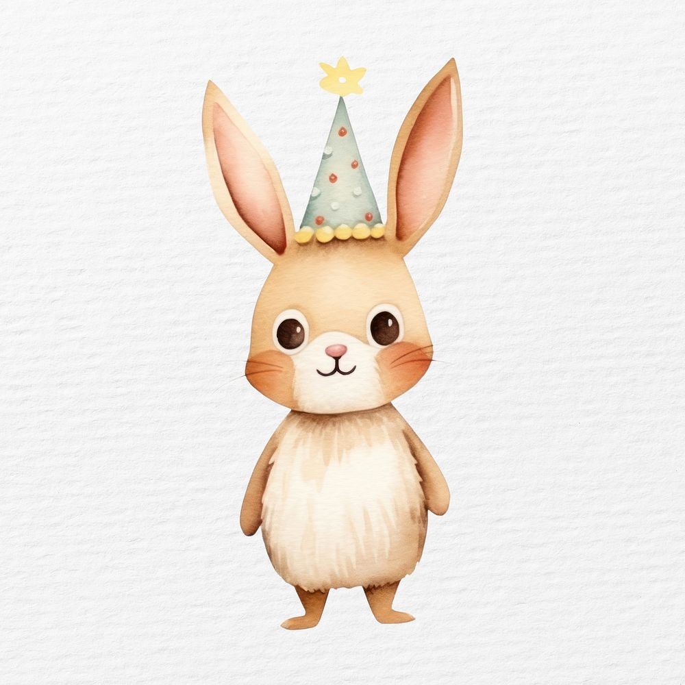 Rabbit  wearing party hat, watercolor animal character illustration
