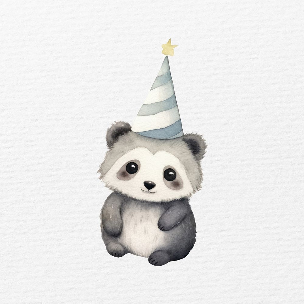 Raccoon  wearing party hat, watercolor animal character illustration
