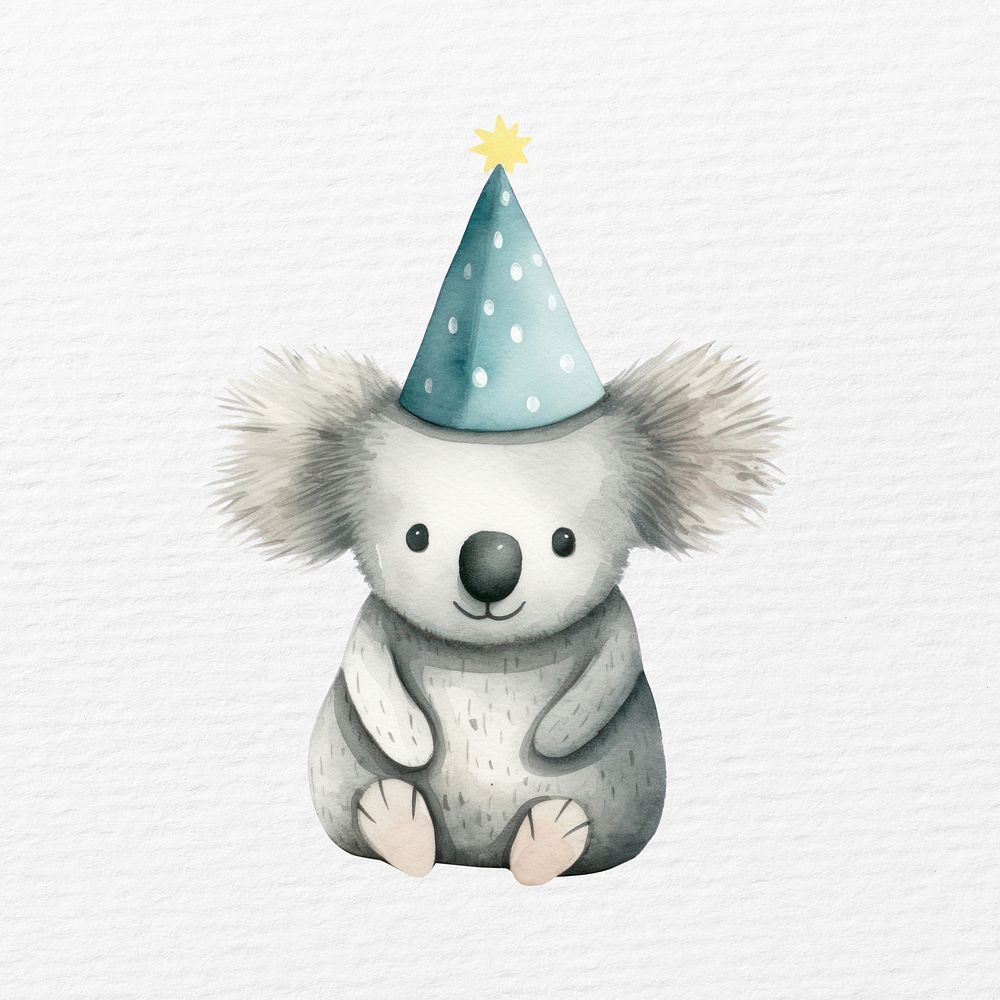 Koala  wearing party hat, watercolor animal character illustration