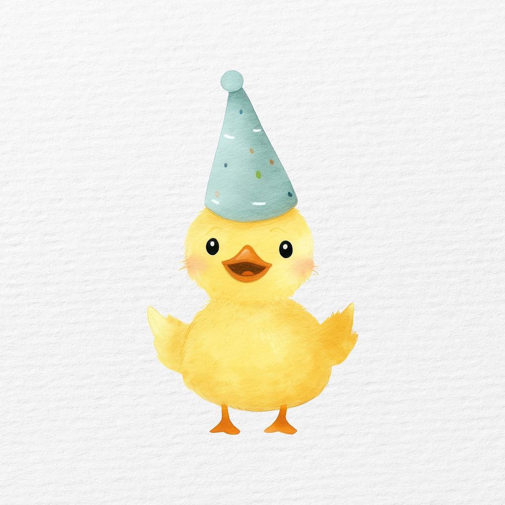 Duck  wearing party hat, watercolor animal character illustration